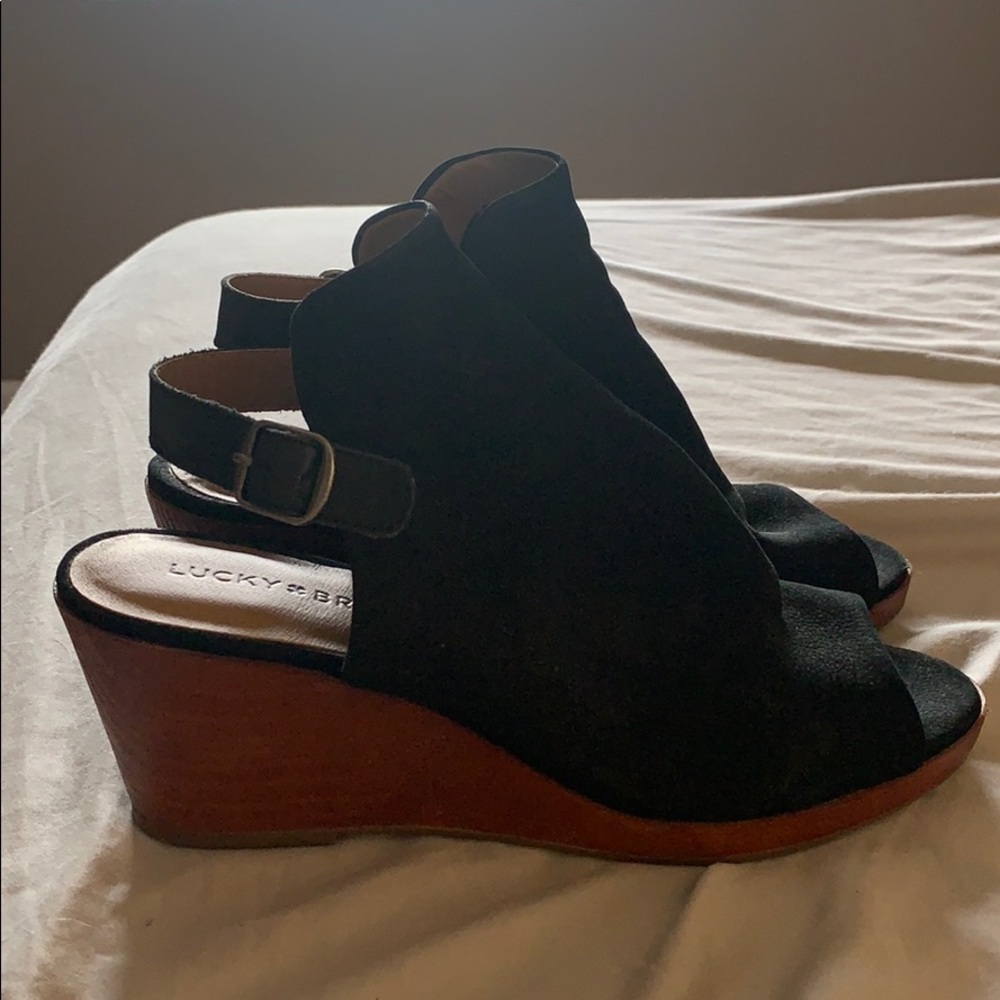 Lucky brand open toed suede booties
